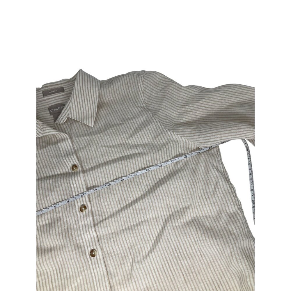 Chico’s no iron 100% linen roll tab button up top shirt size 0.5 S 6 tan striped - Picture 7 of 7